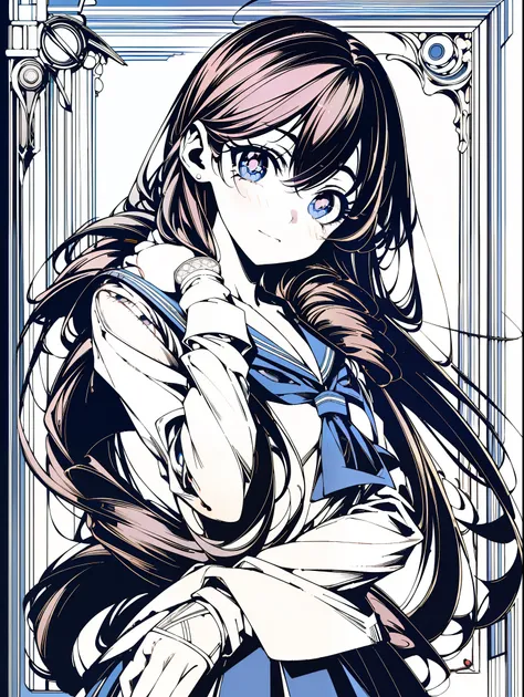 a beautiful young schoolgirl in a sailor uniform, with an adorable, detailed, and expressive face, captivating blue eyes, and finely detailed long hair, in a stylish v5lcn anime style, (best quality, masterpiece:1.2), (anime style, comical noir style:1.1),...