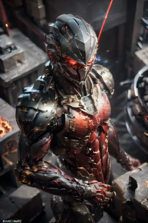 ((dynamic pose: 2.0)), (METALIC RED: 2.0, reddish suit: 1.8), (Japanese hero), (mech bodysuit with swords: 1.5), ((Swirling Flames: 1.8, Laser: 1.5)), My eyes are shining brightly, Suit parts are large , (( suit with a glowing light source)), (helmet with ...