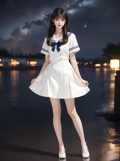 nogizaka_costume ((full body)), (Asian beauty: 1.3), girl, solo,  ((Pleated skirt, very short hemline)), (toned body: 1.2), (naturally large breasts: 1.1), (visible cleavage: 0.8), (smooth flawless skin: 1.2), (perfect anatomical proportions: 1.3), (anatom...