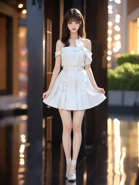 nogizaka_costume ((full body)), (asian beauty: 1.3), girl, solo, ((single bare shoulder)), ((pleated skirt, very short hemline))...