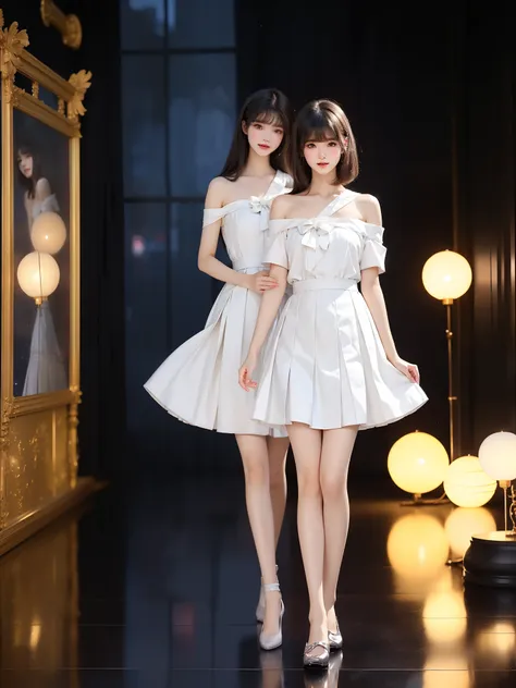 nogizaka_costume ((full body)), (asian beauty: 1.3), girl, solo, ((single bare shoulder)), ((pleated skirt, very short hemline))...