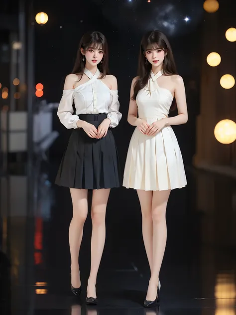 nogizaka_costume ((full body)), (asian beauty: 1.3), girl, solo, ((single bare shoulder)), ((pleated skirt, very short hemline))...