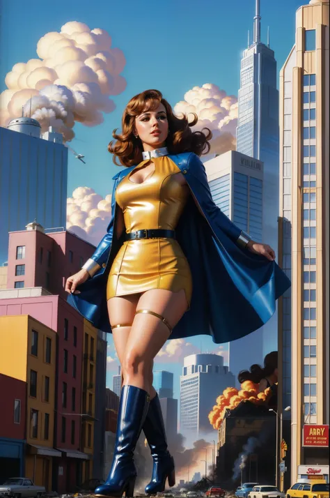 (Masterpiece, Best Quality), 8k Wallpaper, highly detailed, poster, vintage, 1970s, a magazine cover with sexy giant go-go girl over a tiny city, a portrait by Paul Kane, perfect face, go-go fashion, Attack of the 50 foot woman, giant woman, tiny city, lin...