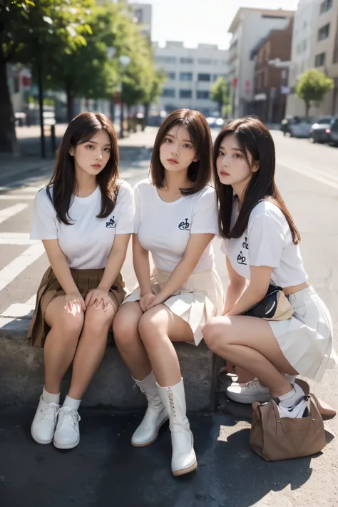 Masterpiece, long hair, looking at viewer, smile, bangs, (Three girls in:1.2), brown hair, shirt, black hair, short sleeves, brown eyes,  bob hair, Graphical T-shirt, (White pleated skirt:1.2), open legs, Boots, bag, brown footwear, loafers, school bag, Su...