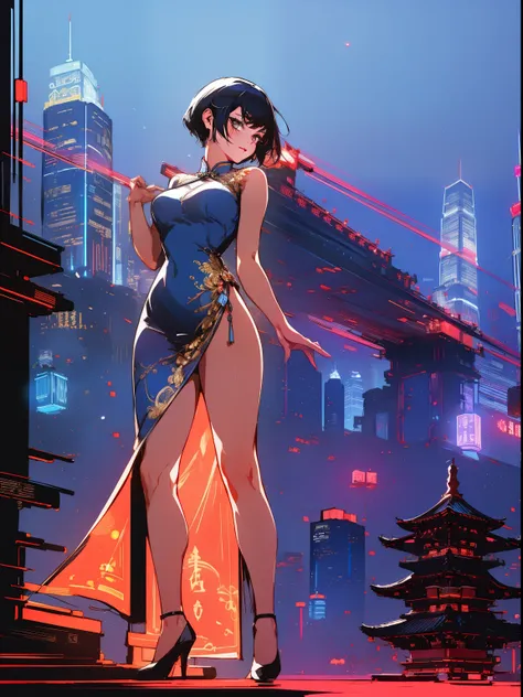 a beautiful young woman in traditional chinese cheongsam dress, short hair, neon lights, hong kong city, cinematic lighting, intricate details, hyper realistic, 8k, photorealistic, delicate, elegant pose, vibrant colors, dramatic shadows, moody blue atmosp...