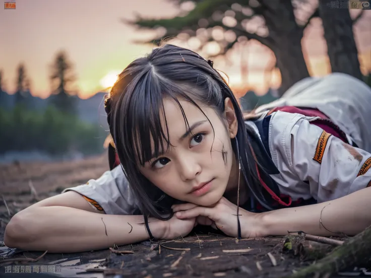 (low angle shot of one slender small breasts half up brown long hair with bangs girl in a samurai silver armor:1.5)、(one girl is...