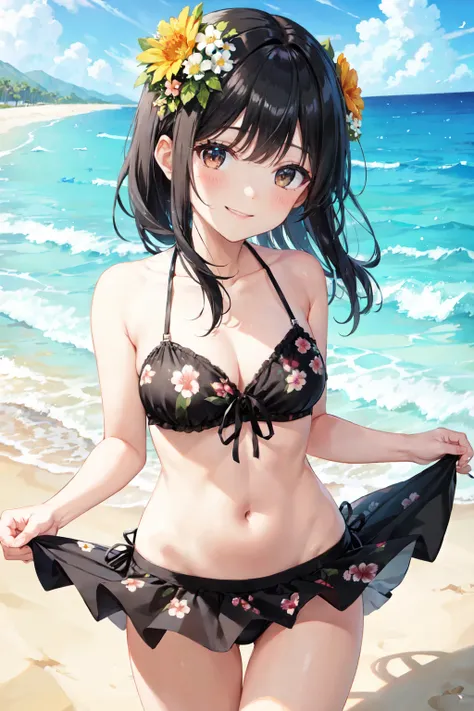  best quality 、 girl in floral bikini 、(Black Hair)、  sandy beach、Flowers on head、smile