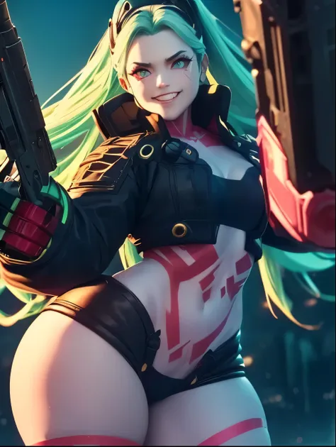 Rebbeca /(Cyberpunk/), long hair, long sideburns, small mouth, sarcastic smile, thick lips, small round breasts, big ass, thick legs and thighs, (((holding a pistol up))), {wallpaper of extremely detailed 16k CG unit}, expansive landscape photography, (a low view with focus on the character and the setting), (wide open field view), (low angle shot), (high light: 1.4), (low light: 1.4), (warm light source: 1.4), complex details, (iridescent colors: 1.2), (bright lighting), (atmospheric lighting), dreamy, unique,