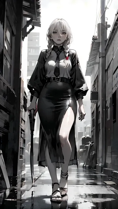 a woman with a massive blood-soaked axe, messy hair, long braids, white-dyed hair, age 28, charming atmosphere, attractive, beautiful, blood-stained ground at her feet, (best quality,8k,hyper-detailed:1.2),extremely detailed face and eyes,extremely detaile...