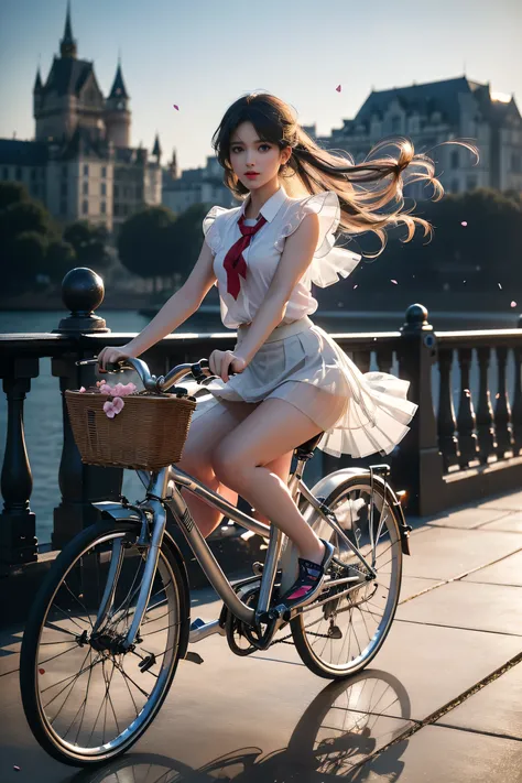 ((girl riding an antique and simple bicycle in lakeside park))、fluorescent color、 one girl 、look to the side、beautiful face、 bea...