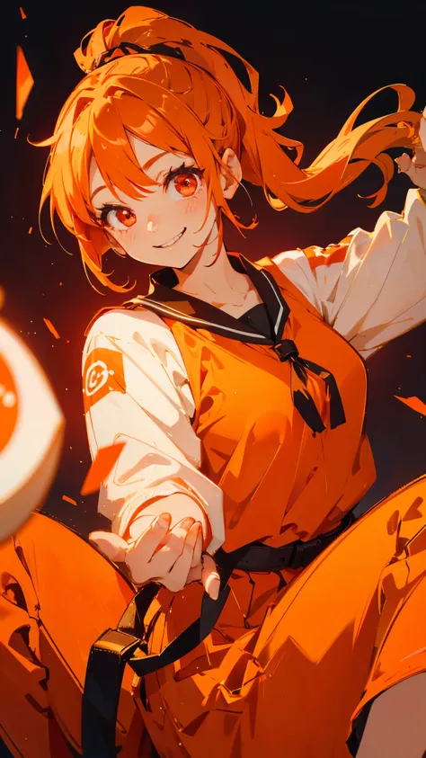 1 girl 、 orange clothes、 orange hair holding、 ponytail、 red eyes、smile