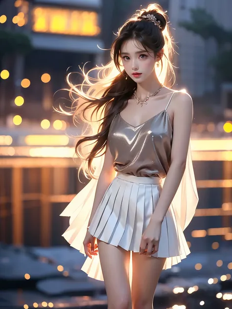yoshinotomomi, 1girl, soro, long hair, brown hair, blue eyes, ponytail, high ponytail, medium breasts, ((full body)), (Asian beauty: 1.3), girl, solo, ((Pleated skirt, very short hemline)), (toned body: 1.2), (naturally large breasts: 1.1), (visible cleava...