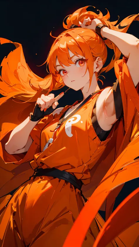 1 girl 、 orange clothes、 orange hair holding、 ponytail、 red eyes