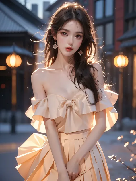 ((full body)), (Asian beauty: 1.3), girl, solo, ((single bare shoulder)), ((Pleated skirt, very short hemline)), (toned body: 1.2), (naturally large breasts: 1.1), (visible cleavage: 0.8), (smooth flawless skin: 1.2), (perfect anatomical proportions: 1.3)...
