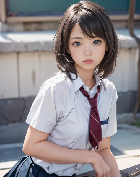 (Realistic:2.0),(High resolution:1.5),(Mastepiece),(1 girl:1.5),(solo:1.5),(looking at the viewer),Small face,(small Breasts),(school uniform),bob hair,bangs,(pleats skirt:1.2),(white shirt),(Short sleeve),(Detailed eyes),(Accurate eyes),(Wide eyes),(Sulk)...