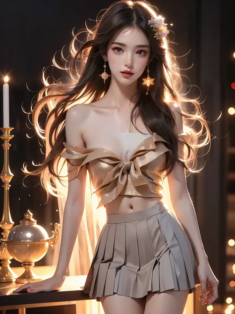 ((full body)), (Asian beauty: 1.3), girl, solo, ((single bare shoulder)), ((Pleated skirt, very short hemline)), (toned body: 1.2), (naturally large breasts: 1.1), (visible cleavage: 0.8), (smooth flawless skin: 1.2), (perfect anatomical proportions: 1.3)...