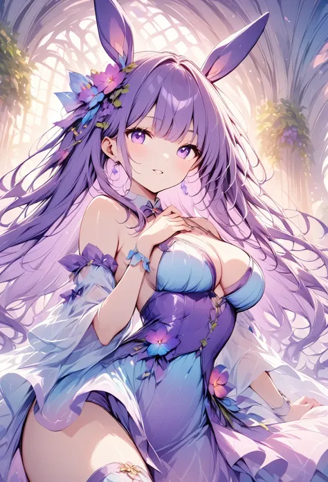 kiri , works based on purple throughout 、purple hair、 long hair、 sexy woman、 bunny girl、fascinating backgrounds and hues