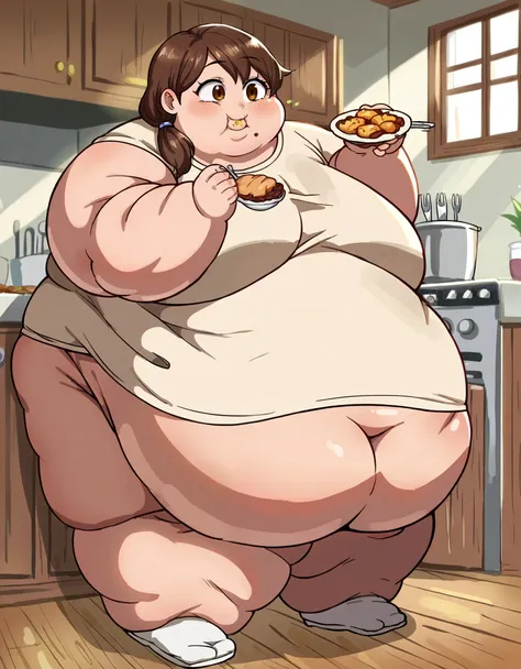 score_8_up, source_anime, anime screencap, 1mature_female, fat, chubby, obese, brown hair, brown eyes, low ponytail, smile, 1gir...