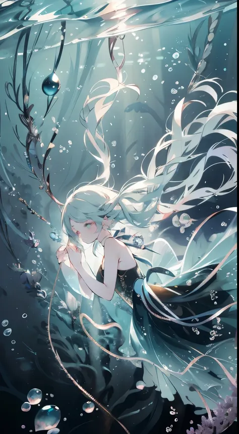 Masterpiece, best quality, high quality, Angle from above, High angle, wide shot, looking up:1.2, 1girl, (((floating girl))), curled up position, swims at the deep sea, (((deep sea))), (((underwater))), (((full body))), flowing hair, floating hair, blue gr...