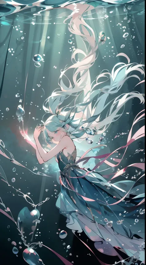 Masterpiece, best quality, high quality, Angle from above, High angle, wide shot, looking up:1.2, 1girl, (((floating girl))), curled up position, swims at the deep sea, (((deep sea))), (((underwater))), (((full body))), flowing hair, floating hair, blue gr...