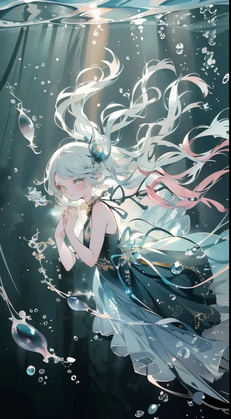 Masterpiece, best quality, high quality, Angle from above, High angle, wide shot, looking up:1.2, 1girl, (((floating girl))), curled up position, swims at the deep sea, (((deep sea))), (((underwater))), (((full body))), flowing hair, floating hair, blue gr...