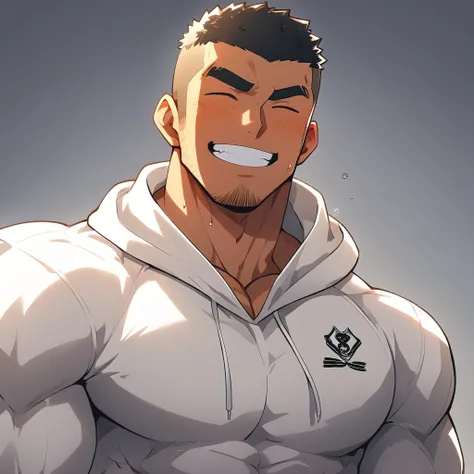 One Black person, anime characters：Gyee, Young Muscle Sports Sexy Teacher, Buzz Cut，sweat, negro black skin, pectoralis major, male focus, White hooded sports sweatshirt, Wear a black high-necked tights inside, Very tight, muscular male, muscular, only, Up...