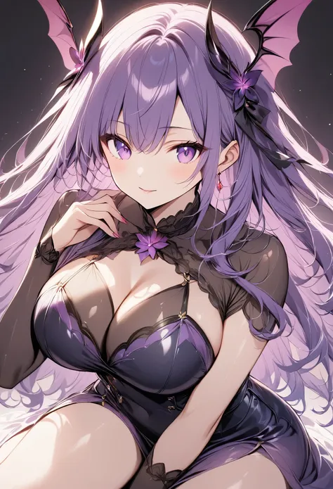 kiri , Works based on purple throughout 、((Dark Background)),Purple Hair、 long hair、 sexy woman、Purple Eyes、Big Breasts、Succubus