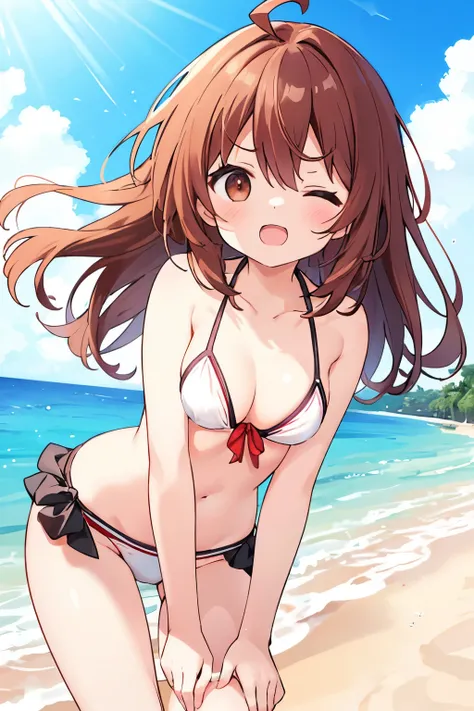 Viewer discretion advised、 best quality 、One girl, Normal size breasts、 Girls have slender bodies、Reddish brown hair、Close your eyes tightly、 straight hair、Ahoge、brown moist eyes、 white bikini、 sandy beach、 seems to be having fun、Cheerful pose、Sunshine p...