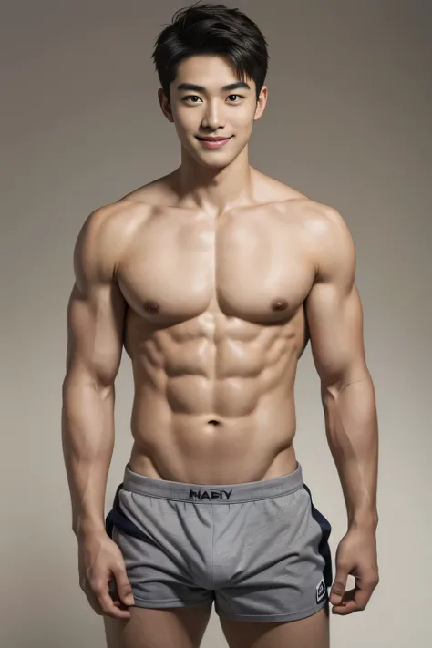 20-year-old male、 Japanese、Baby Face、 Handsome Man 、 shirtless、grey sport briefs、Pectoral muscles、 abs、smile