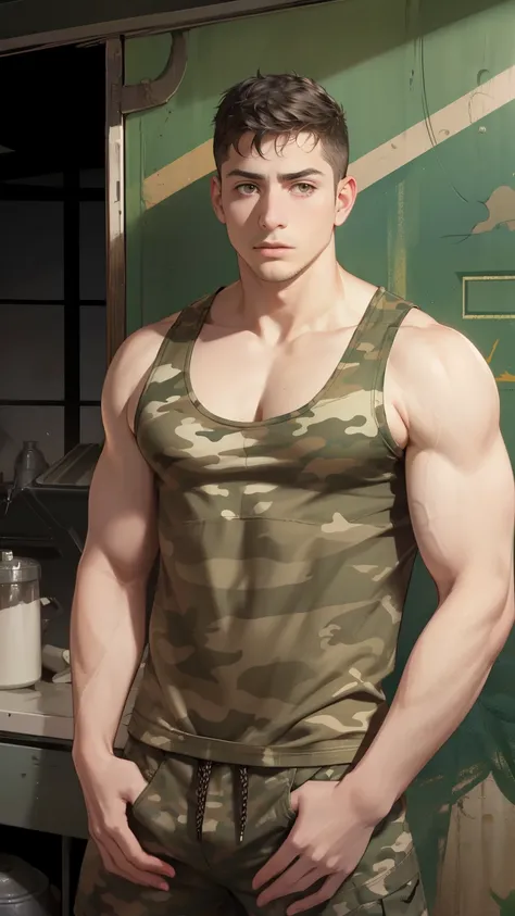 young mexican man in camouflage tank top, white  skin, undercut short hair, manly look, hairy body, covered in hair at arms and chest, bad look, wearing camouflage cloths, camouflage tank top, muscular,