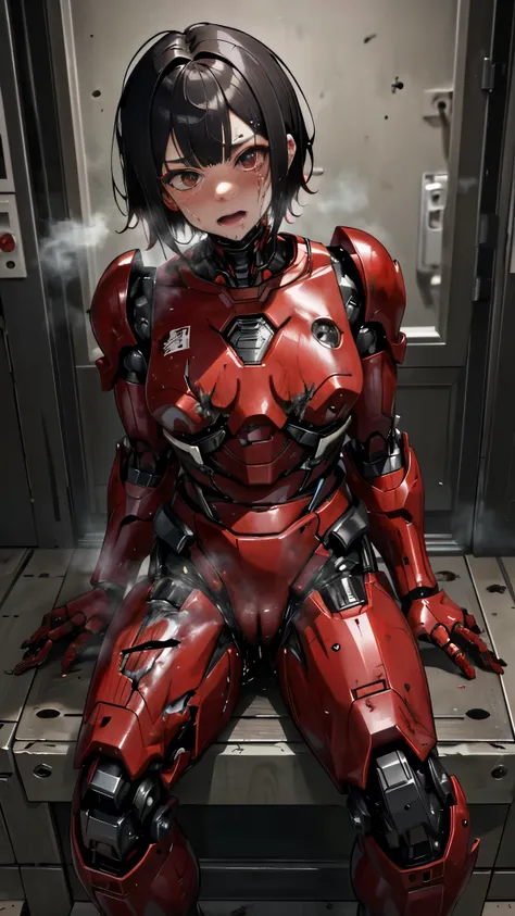 Rough skin,  very detailed ,  s Graveyard More Details  ,  high quality, 最 high quality,  Kampala, 1080P 、Bleeding from wounds、Red Armor、Wearing red and black、cute((Severe damage to the entire body))( wearing a damaged female robot suit...)(Red Armor)(Brok...