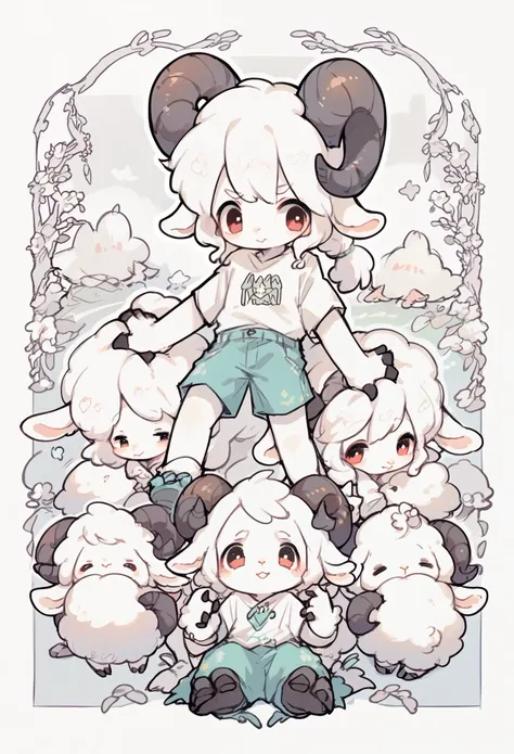 antelope boy，sheep horns，boys features， white hair，white arm，short sleeve，