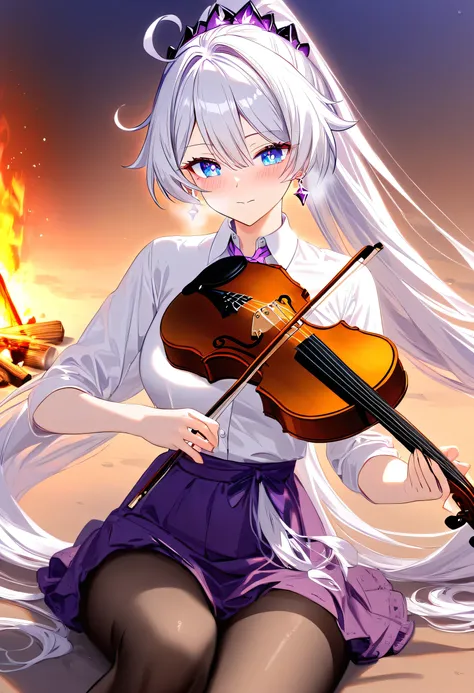 a girl is playing violin bow by the campfire, campfire circle, acoustic violin bow, playing instrument, strumming gently, medium...