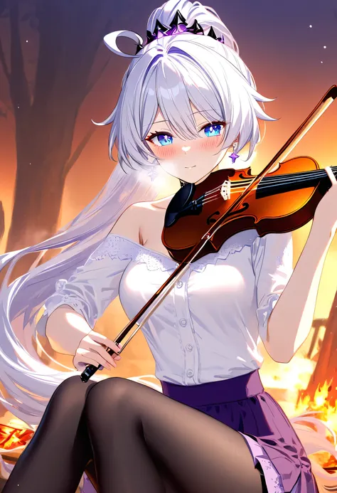 a girl is playing violin bow by the campfire, campfire circle, acoustic violin bow, playing instrument, strumming gently, medium...