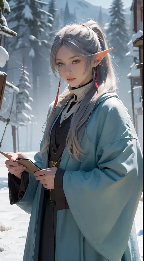 freezing winter, 8k,  Best quality , highres, realistic,  Real Person ,  A wizard character with silver ponytail hair , toys, and a shorter stature .  The wizard is holding a luxurious , ornate team, but without a hat.  His clothes are a mix of traditional...