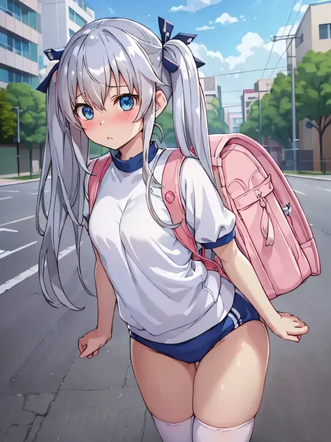 (8k、Best Quality、Best Quality、masterpiece)、Detailed face、One Girl、 

Silver Hair、 blue eyes 、 twin tails、Small breasts、

celia claire,

carrying randoseru backpack and wearing navy buruma and gym uniform with colored hem,

Thighs、

(blush、 embarrassing:1.3...