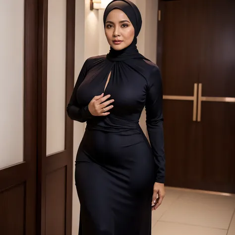 56 years Old, (Hijab Indonesian), (mature woman), Big  : 196.9, (Tight Luxury Gown), curvy body, Breast about To burst out from her clothes, at doctor office, Dark light, at Nighttime.