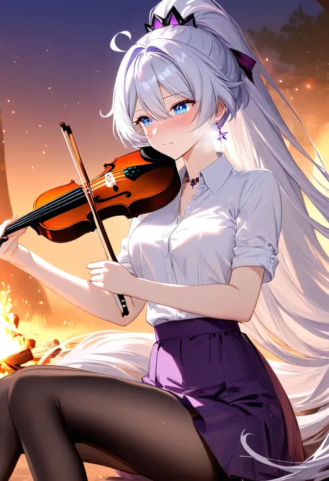 a girl is playing violin bow by the campfire, campfire circle, acoustic violin bow, playing instrument, strumming gently, medium...