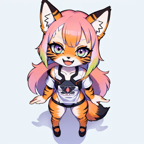 (cyberpunk style), ( masterpiece ,  high quality ,  Best quality , 8k, high resolution), ((chibi style, Chibi cute)), (Alone, A girl  ), {fox girl, Fox Face, 2 fangs , long eyelashes, eyeliner} {fox mustaches }, ((( Fox skin all over the body,  fox stripes on the body , visible ears  ))), ((Long rainbow hair)), hair clip, [[hair clip Cyberpunk]], ((very happy)), ((open mouth)), [Rainbow pupil ], ((looking up)), ( Very small breasts ), thin arms, ( arm down), armpits, ((Mini T-shirt,  full white t-shirt )), {Calsa Legging brancos}, {{{ mini tiger tail ,  tail on the back }}}, (((Goal from above the body))), (((standing,  choppy heel angle ))),  dynamic pose, white background, simple background , (((( Tora-chan style on Hanayome )))), (( dazzling vivid color)), ANIME STYLE, Color of Mango .  masterpiece , perfect anatomy.