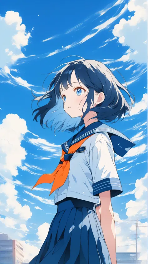 Illustrator, anime , Realistic ,sketch , Abstract background、body、Looking up at the sky, profile, Blue Hair,Short Bob、The girl on the right、Canada, (masterpiece,Best Quality)、White gradient　High quality OP, Still Images, Very happy，detailed, High image qua...