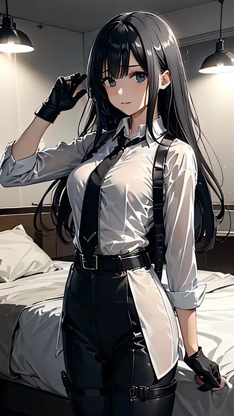 1 female, , high quality, masterpiece, Ultra-high resolution, , Cinema Lighting, , , And the suspenders with the cranes flying　　　Large Breasts　 　 　　　　Small face　 　　　holster　　　　　　　 Lying in bed　Looking up　　　　Sweat 　　　belt　summer　脇Sweat 　Black Hole Gloves　su...