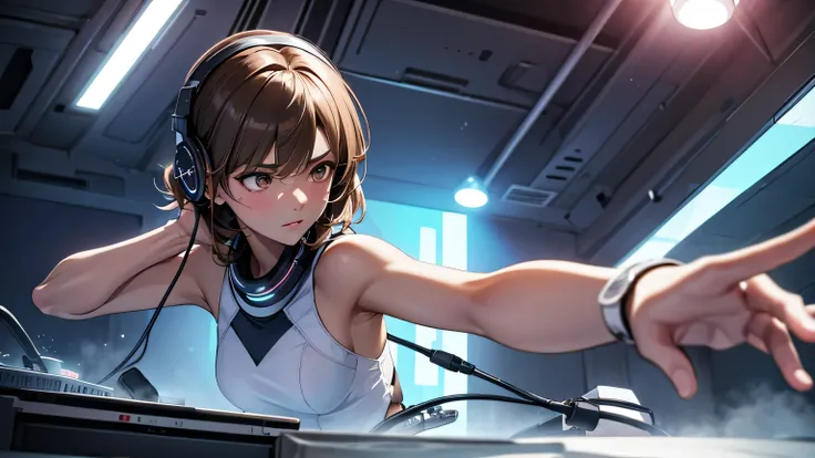 disco,DJ Booth, DJ Girl, DJ, DJ girl, headphones, Highly praised, ( Highest quality),masterpiece, best quality ,extremely Details CG wallpaper, ultra_ Details,(Cinema Lighting:1.1), (Cold Face), Odd Eye, 1 GIRL WITH HIM, alone, Dark Blue_hair, short_hai...