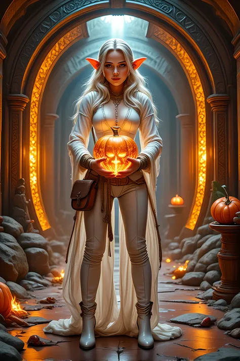 a fantasy epic illustration ((Larry Elmore style: 1.5)) of an elf thief holding a large ((pumpkin: 1.5)) shaped diamond in a vault, a female  elf thief, full body, small pointy ears, dynamic hair color, dynamic hair style,  ultra detailed face, wearing whi...