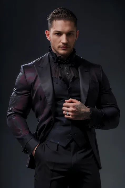 (( masterpiece)), (( the best quality:1.2)),  High resolution, 8K, (ultra_realistic:1.3), (photorealistic:1.4), (Instagram Template, elegant:1.2), Portrait of Tom Hardy wearing a sensual Gothic outfit ,  with lace details that highlight his sophisticated a...