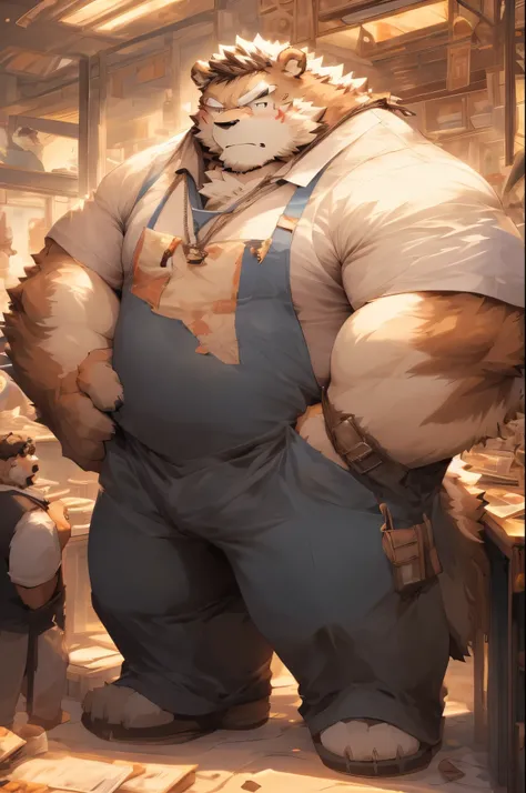 Fuzzy, brown bear , man, reif, fit, only, Wearing an apron ,  obvious pubic cap under the apron,  working alone , cake shop,  standing at the cash register ,  working as a cashier ,  looking unfriendly ,  looks annoyed ,  High resolution ,  high quality, (...