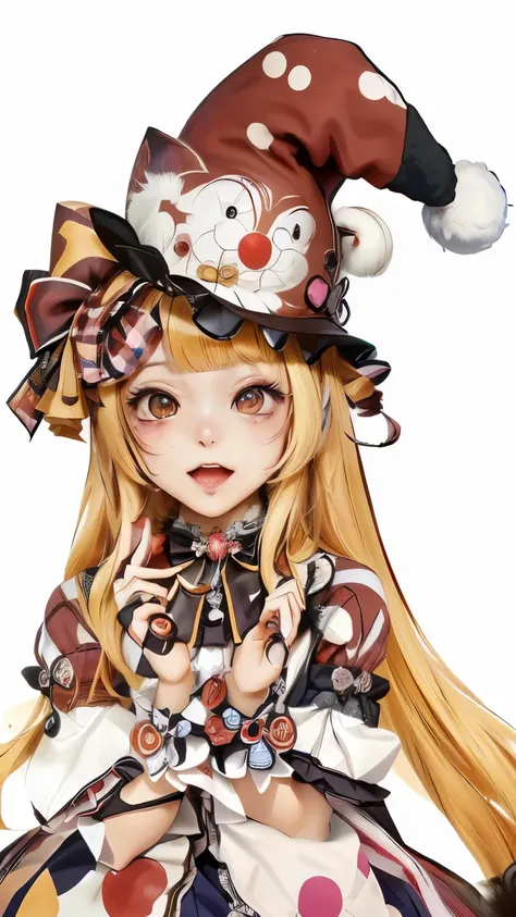 a close up of a cartoon character with a clown hat, splash art anime loli, , loli, ehime, kirisame marisa, vanillaware artwork, ...