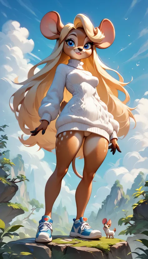 a furry deer like Disney character animall with pale skin and long blonde hair and blue eyes and fluffy mouse ears and a short thin mouse tail and average breasts with a white baggy sweater on and is standing outside on a giant rock, highly detailed cg,