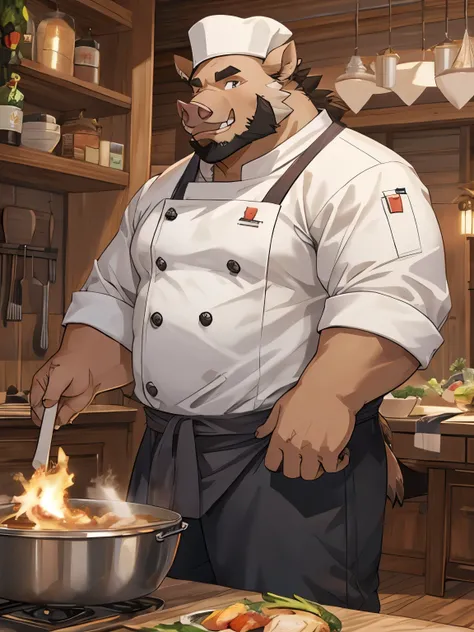  A fat wild boar monster with a massive body ,  wearing a chef &#39;s clothing., white dress,  1800s atmosphere , a shabby inn ,  A wild boar monster with a friendly expression,  A concerned expression with the hand on the chin , ,  wears a chefs hat 