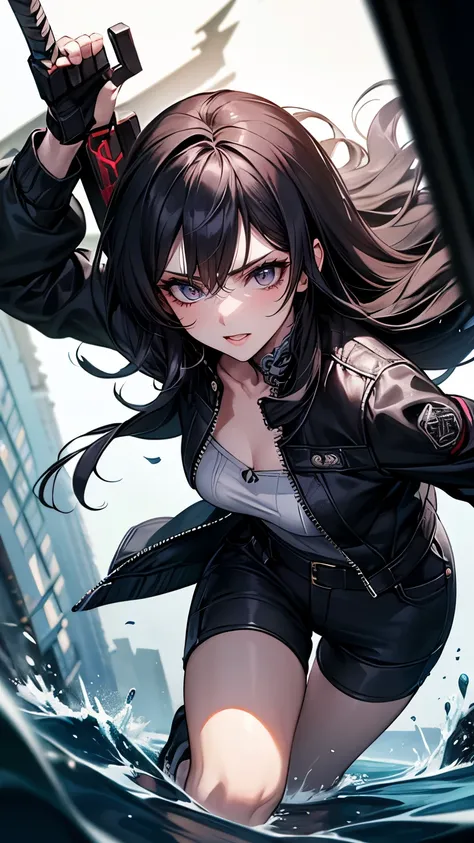 Battle between beautiful girls, Worn casual jacket, Long Hair, Mechanical arm in cyberpunk night scene,  cyberpunk dark background　 Hot Pants　 current from the machines arm　splashing currents 　 stylish action　 expression of anger　dark night ruins backgroun...