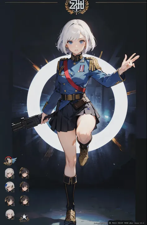 anime - style illustration of a woman in a (white military uniform:1.5), (micro skirt:1.5), GUN shooting video game character, official character art, full body, female gun action anime girl, dynamic pose,